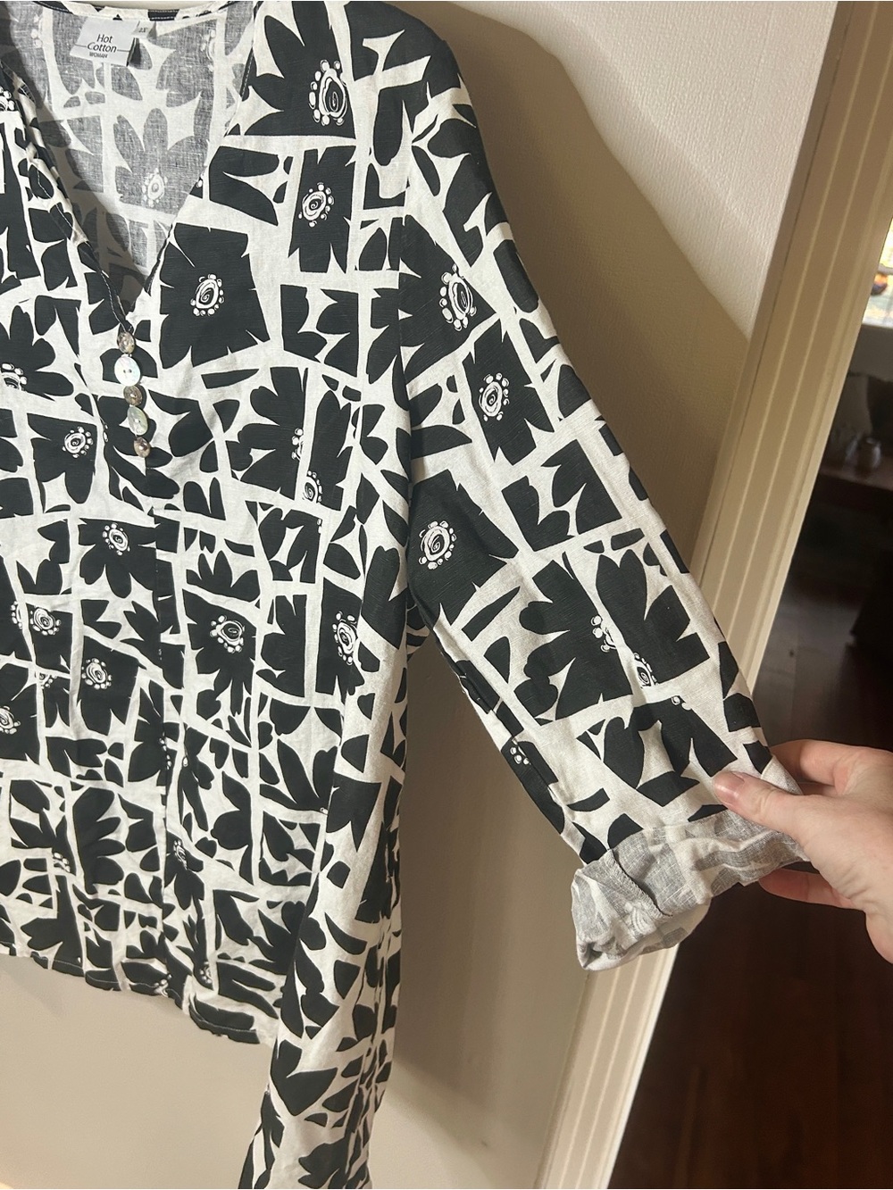 Vintage Hot Cotton Linen Geo Floral Tunic Lagenlook Art Wear USA Black White 1X - Picture 10 of 16